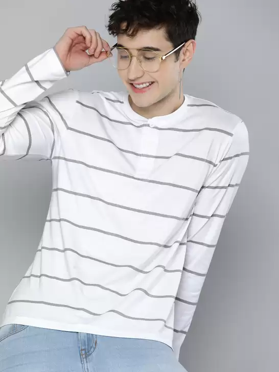 Men Striped Henley Neck Pure Cotton T-shirt - image 6