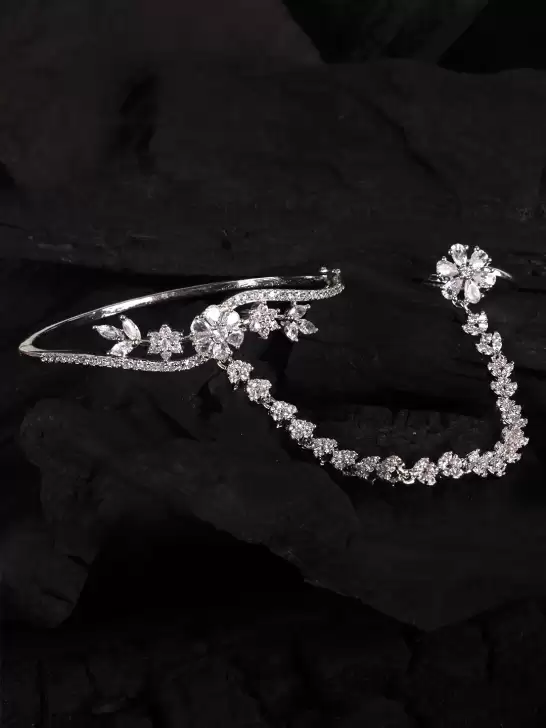 Women American Diamond Handcrafted Silver-Plated Ring Bracelet - image 6
