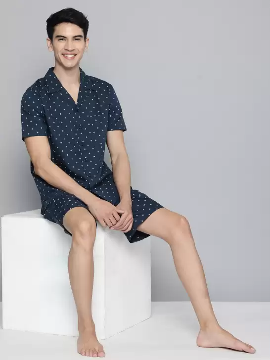 Men Navy Blue Print Night suit - image 6