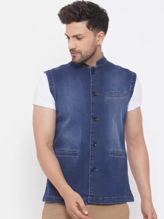 Men Solid Denim Nehru Jackets - image 6