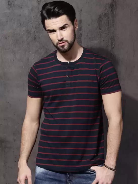 Striped Henley Neck Pure Cotton T-shirt - image 6