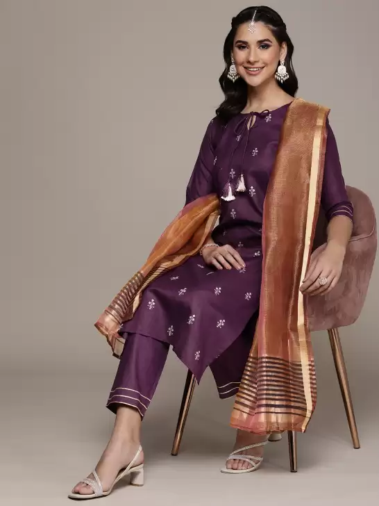 Women Embroidered Kurta with Trousers With Dupatta - image 6