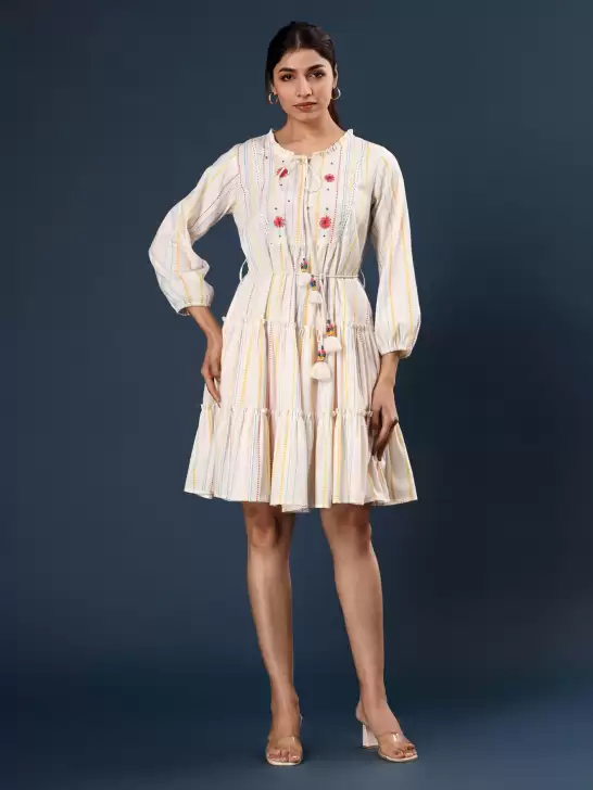 Floral Striped Fit & Flare Tie-Up Neck Puff Sleeve Dress - image 6