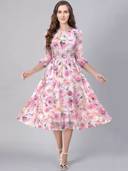 Floral Print Georgette Fit & Flare Midi Bell Sleeve Dress - image 6