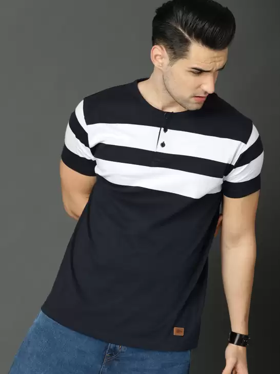 Striped Henley Neck Pure Cotton T-shirt - image 6
