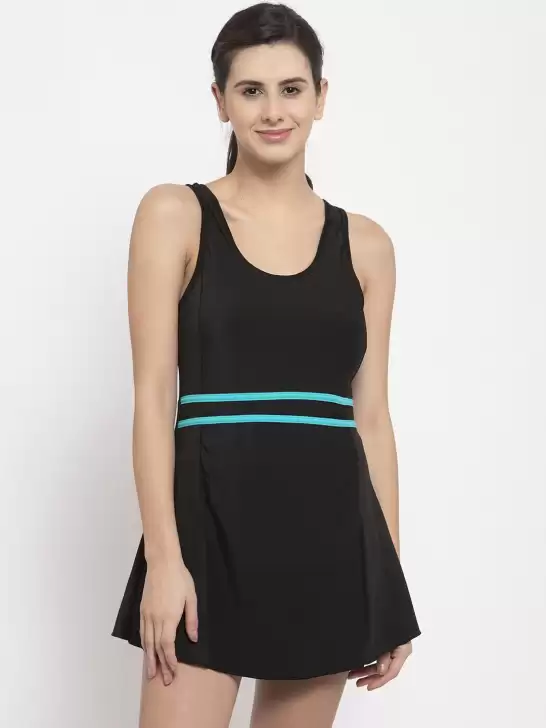 Women Striped A-Line Swimdress with Attached Shorts - image 6