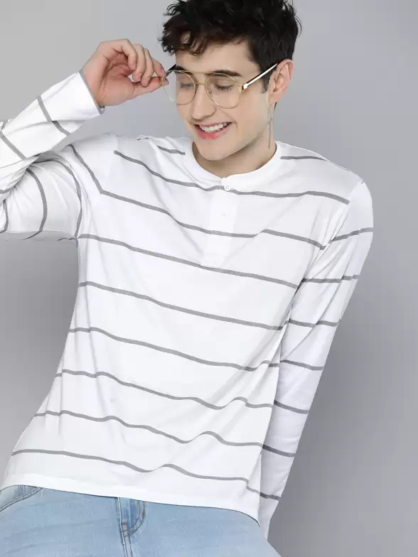 Men Striped Henley Neck Pure Cotton T-shirt - image 7