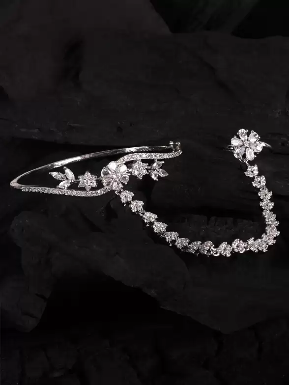 Women American Diamond Handcrafted Silver-Plated Ring Bracelet - image 7