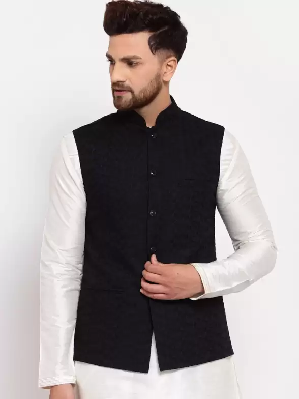 Men Chikankari Embroidered Design Nehru Jacket - image 7