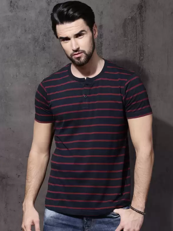 Striped Henley Neck Pure Cotton T-shirt - image 7
