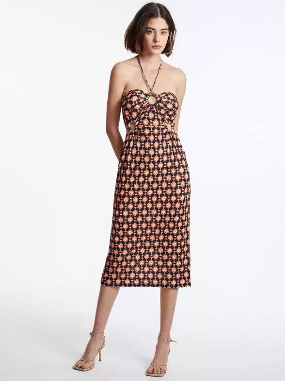 Floral Print A-Line Midi Halter Neck Dress - image 7
