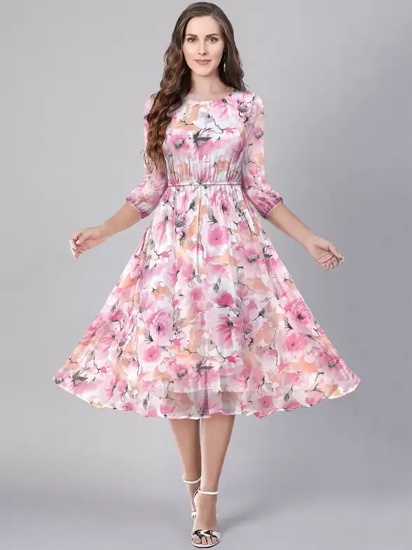Floral Print Georgette Fit & Flare Midi Bell Sleeve Dress - image 7