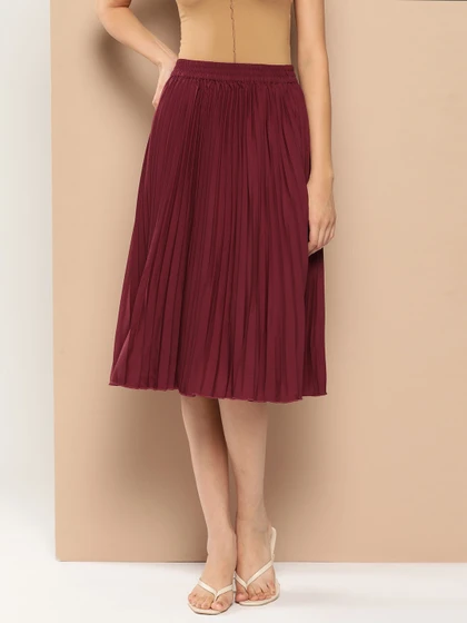 Maroon pleated midi dress for wedding