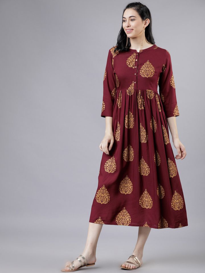 Buy Vishudh Women Maroon Beige A Line Dress Ethnic Dresses for