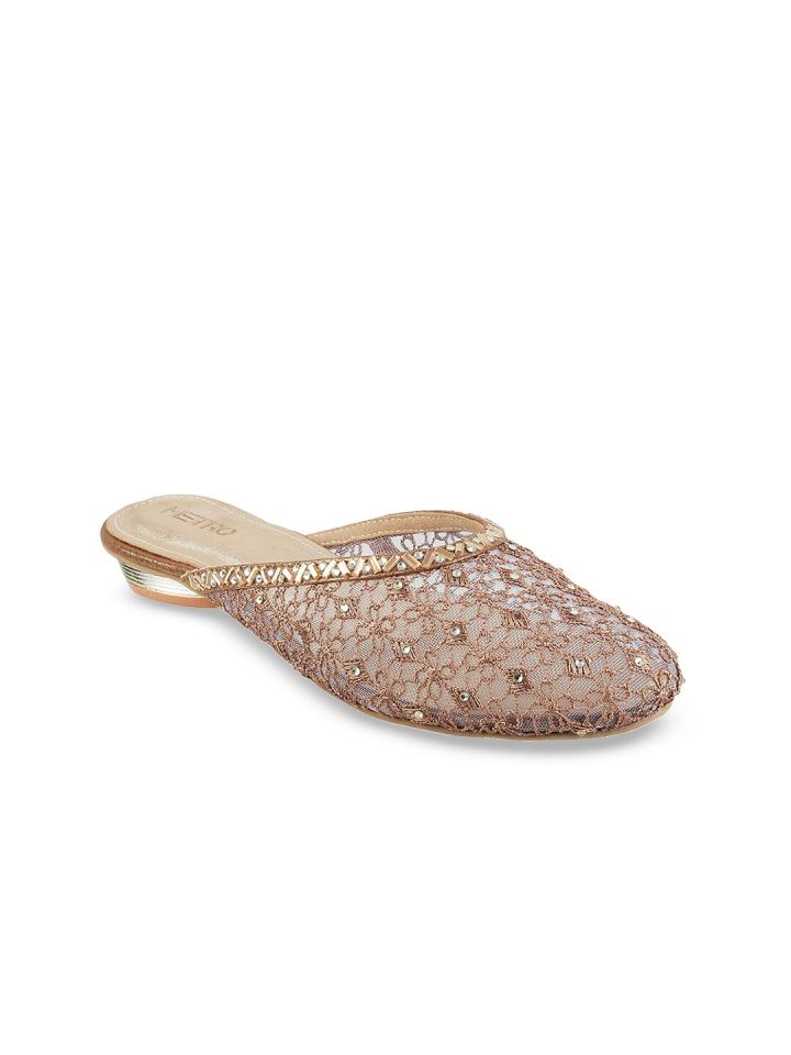 Metro Women Gold Toned Woven Design Mules