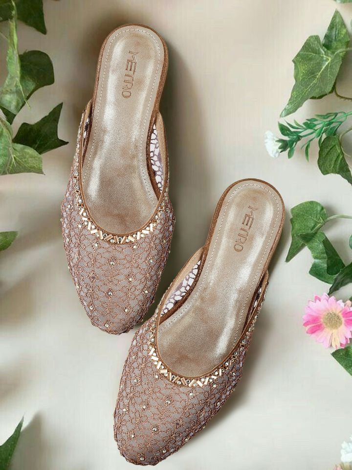 Buy Metro Women Gold Toned Woven Design Mules Heels for Women