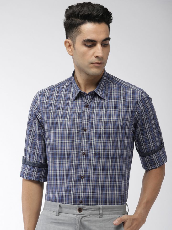 Buy Indian Terrain Men Blue White Slim Fit Checked Smart Casual