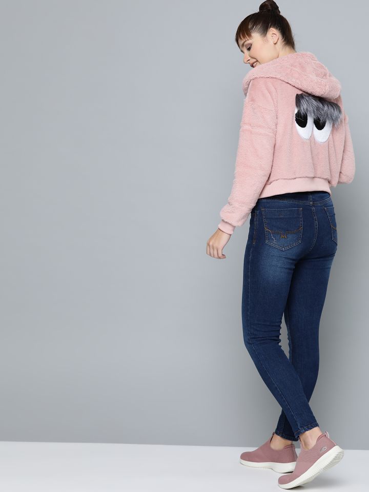 Buy Kook N Keech Women Pink Faux Fur Cropped Hooded Sweatshirt