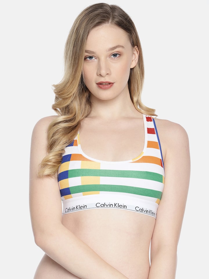 Buy Calvin Klein Underwear White & Green Striped Non Wired Non Padded  Sports Bra - Bra for Women 10174095