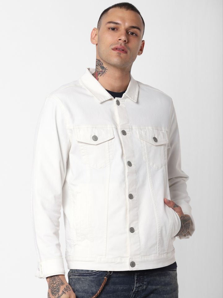 Jack Jones Men White Solid Denim Jacket