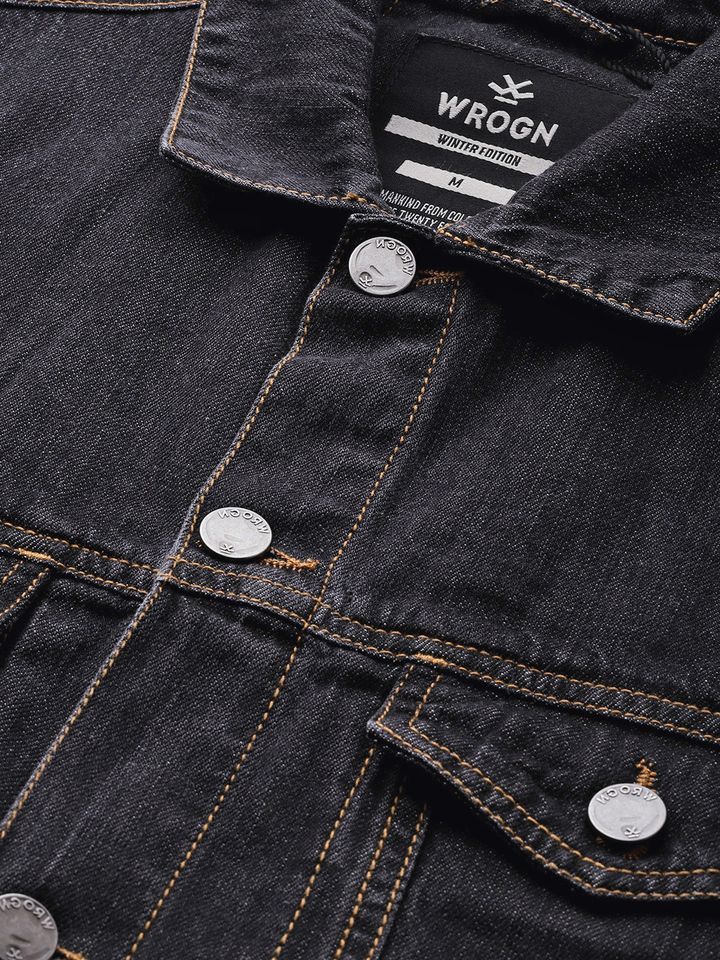 Buy Wrogn Men Black Solid Slim Fit Denim Jacket Jackets For Men 10187109 Myntra From classic blue, white and black denim jackets to brightly coloured hues and bold, embroidered designs, our collection of men's. wrogn men black solid slim fit denim jacket