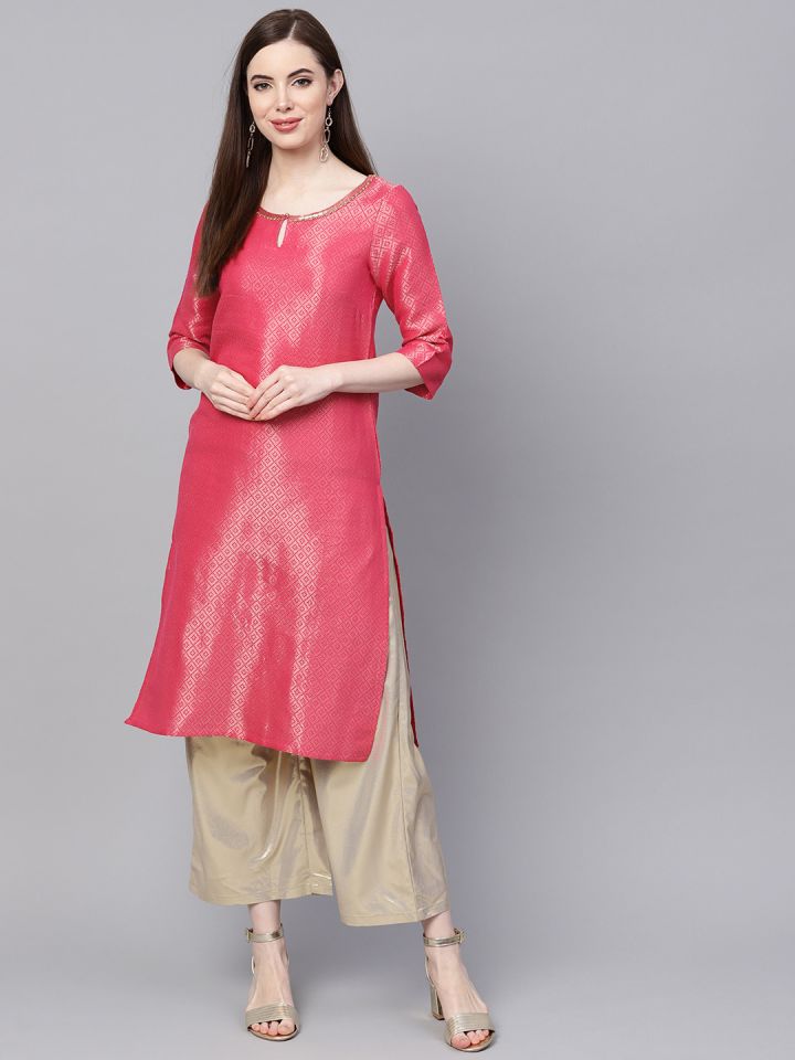 Buy W Women Pink Golden Woven Design Straight Kurta Kurtas