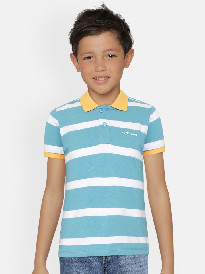Pepe Jeans Boys Blue White Striped Pure Cotton Polo Collar Pure Cotton T shirt