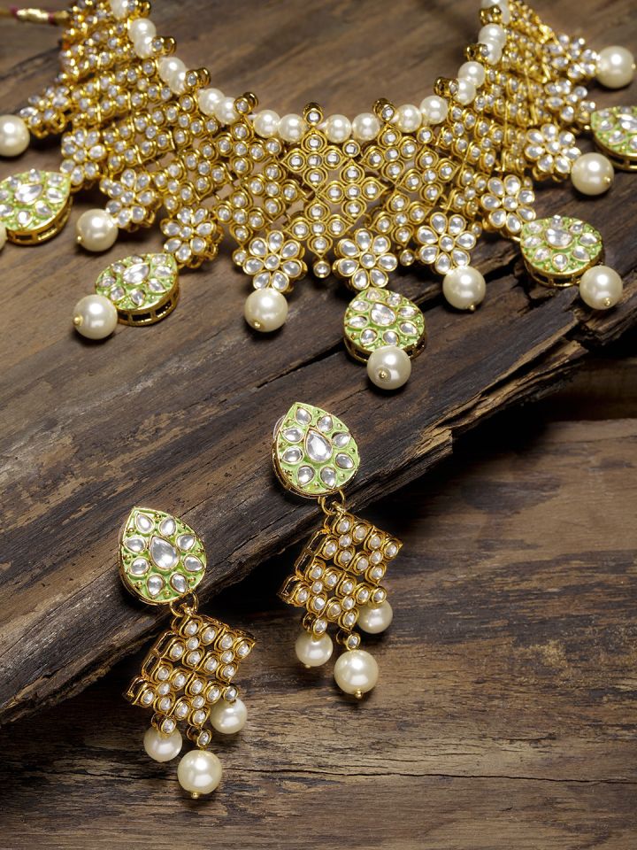 Buy Zaveri Pearls Green Gold Plated Kundan Studded Jewellery Set