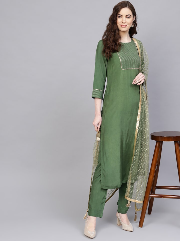Olive Green Silk Straight Kurta  Silk kurti designs Trendy dresses Kurti  designs party wear