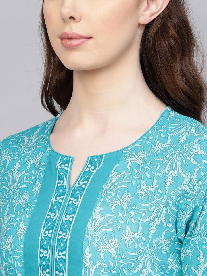 Womens Floral Blue and White Combination Printed ALine Kurta With Tassels