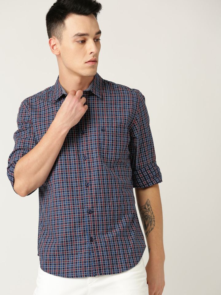 Buy United Colors Of Benetton Men Navy Blue Red Slim Fit Poplin Checked Casual Shirt Shirts For Men 10336217 Myntra