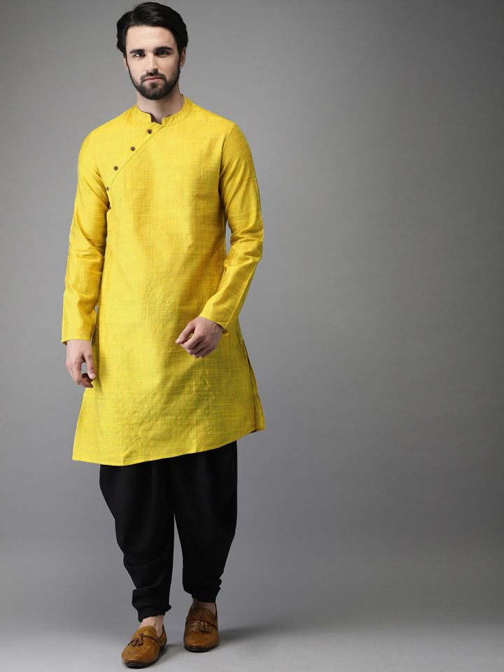 Anouk Men Mustard Yellow Black Solid Kurta with Pyjamas