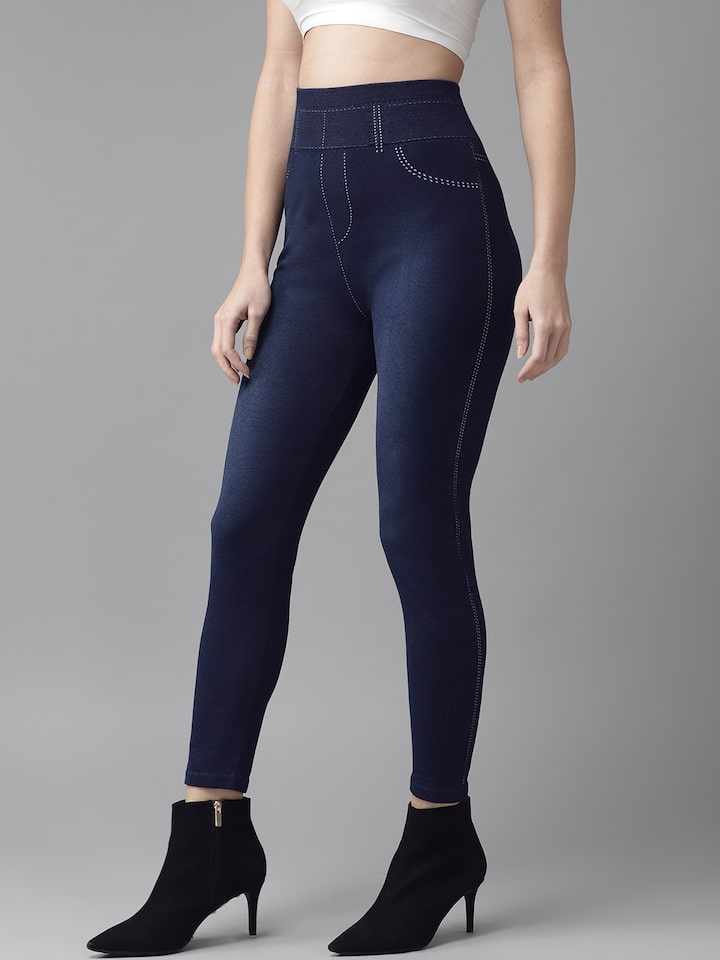 Buy The Roadster Lifestyle Co Women Navy Blue Solid Highrise Denim Jeggings  - Jeggings for Women 10376321