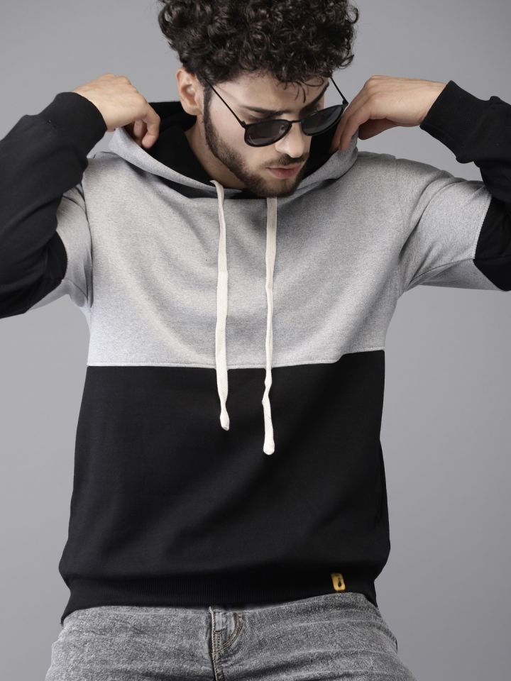 Buy Campus Sutra Men Black Grey Colourblocked Hooded