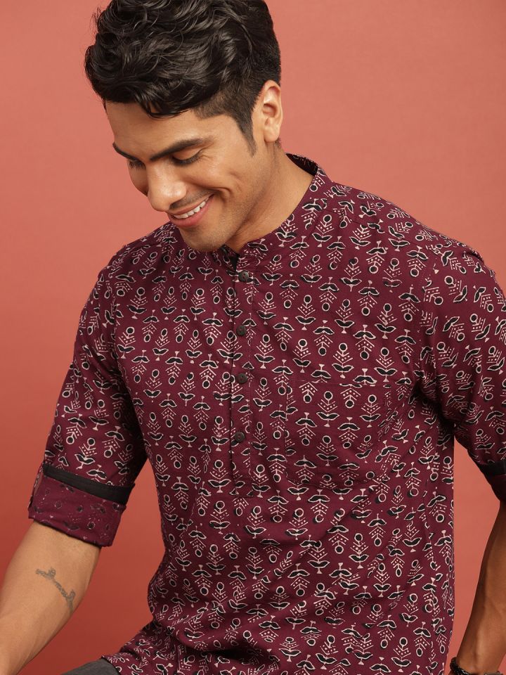 Buy Taavi Men Maroon Black Bagru Printed Straight Sustainable