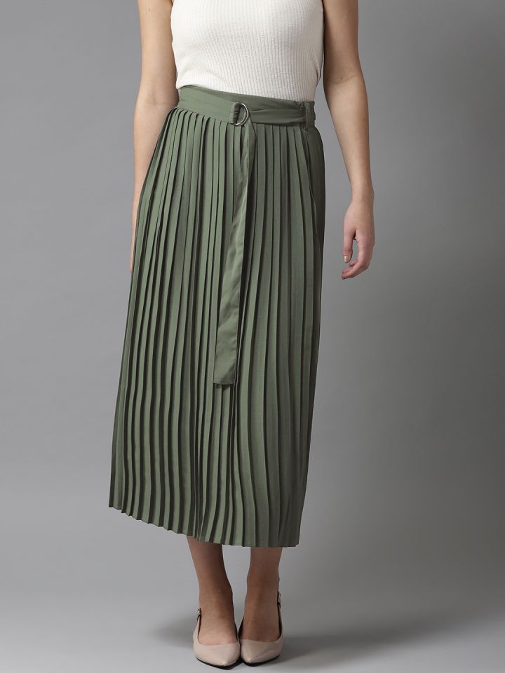 Buy Moda Rapido Women Olive Green Accordion Pleats Solid A