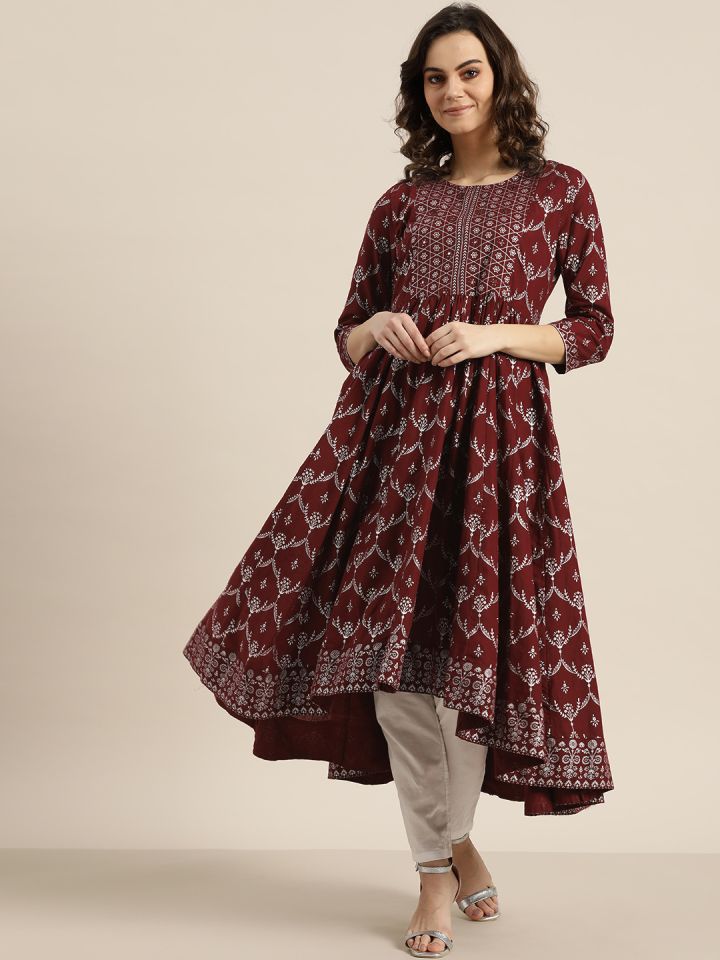 Buy Sangria Women Maroon Silver Printed Anarkali Kurta Kurtas