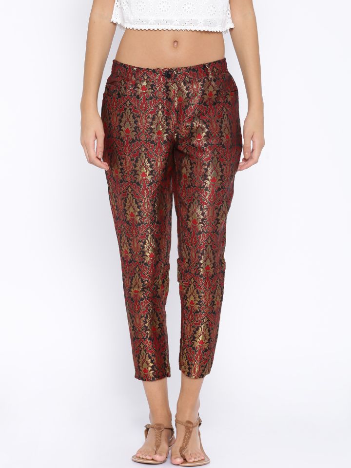 Buy Anouk Gold Toned & Maroon Brocade Trousers - Trousers for