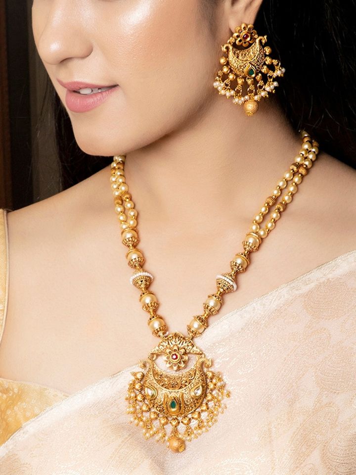 Buy Rubans Women Gold Plated Green Stone Studded Jewellery Set
