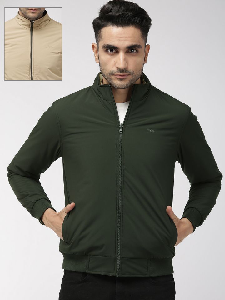 Park Avenue Men Green Beige Slim Fit Solid Reversible Bomber Jacket