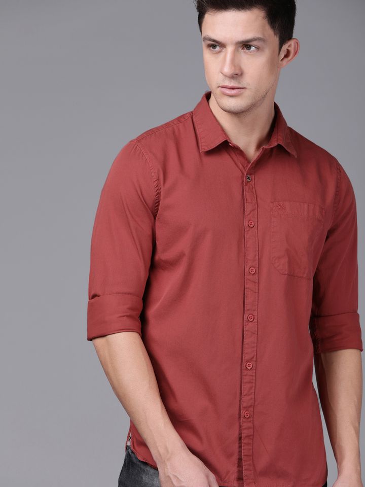 Buy WROGN Men Rust Red Slim Fit Solid 