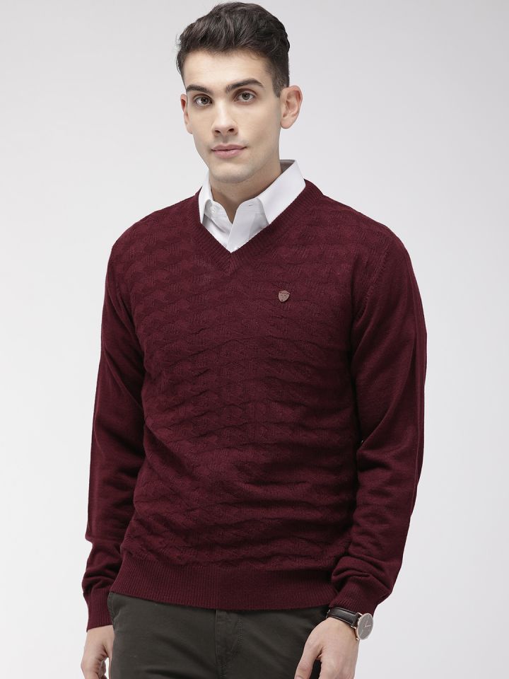 Buy Raymond Men Maroon Self Design Pullover Sweater Sweaters for