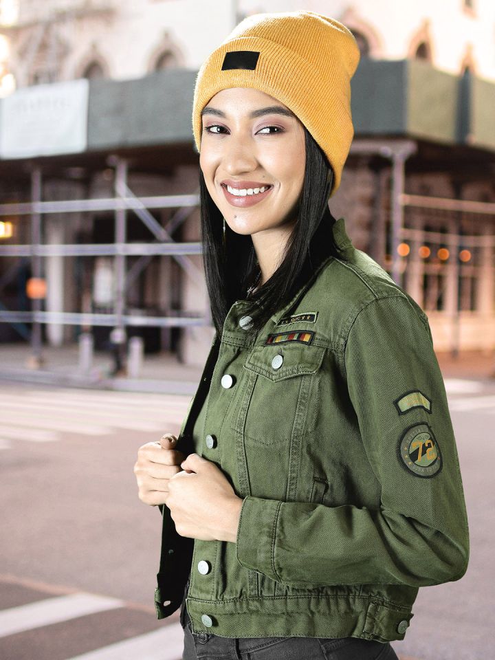 Buy Tokyo Talkies Women Olive Green Solid Denim Jacket Jackets