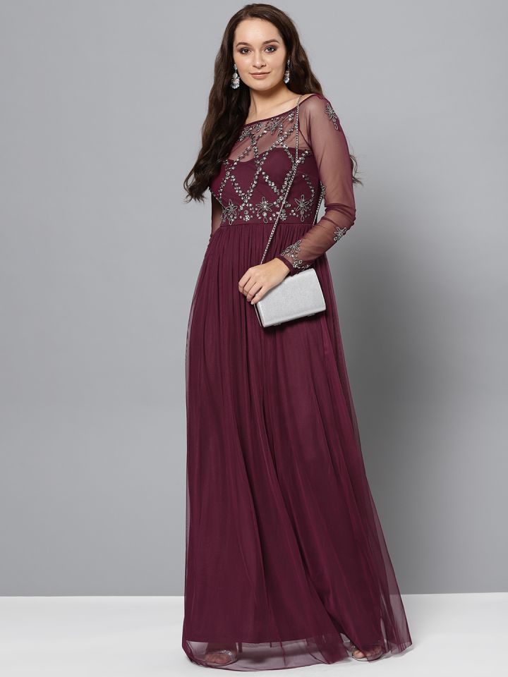 Burgundy embellished maxi shop dress