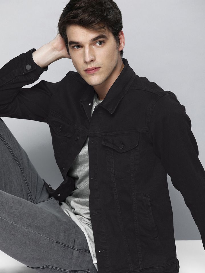 HERE\u0026NOW Men Black Solid Denim Jacket 