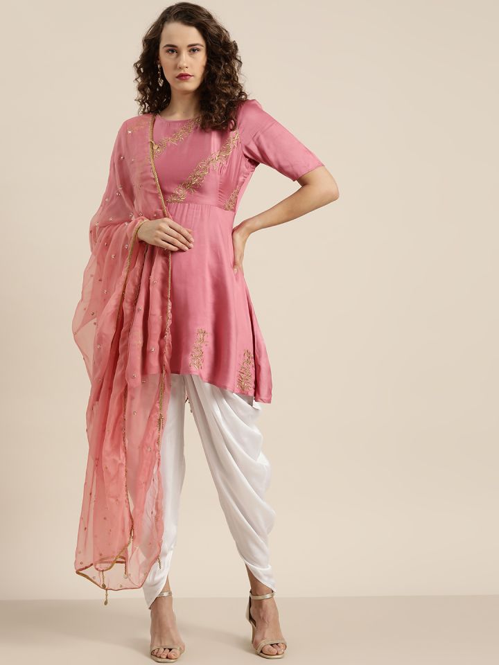 Moda Rapido Women Pink White Yoke Design Kurti with Dhoti Pants Dupatta