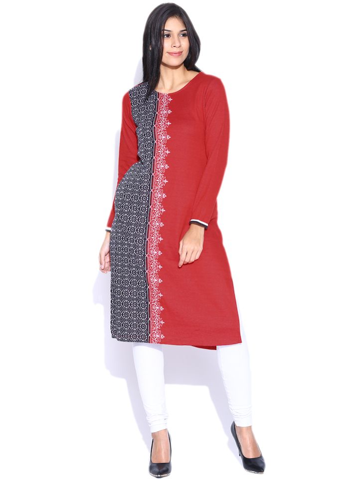Aurelia Red Winter Kurta with Knitted Pattern