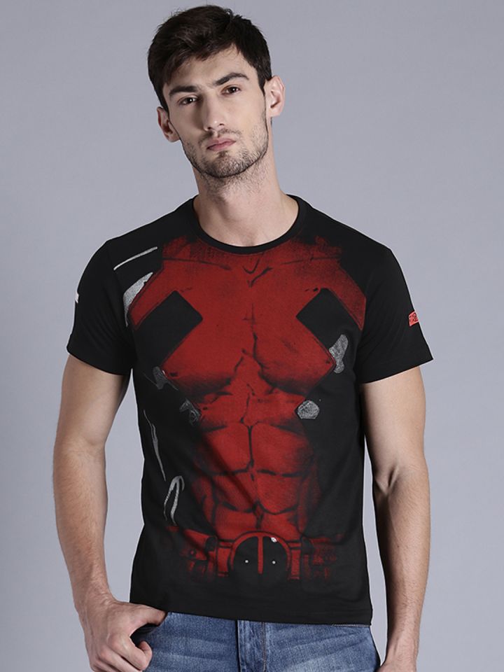 Kook N Keech Marvel Black Deadpool Print Pure Cotton T shirt