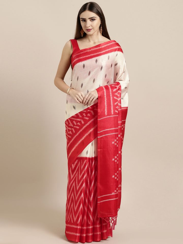 Buy GoSriKi Off White Red Silk Cotton Printed Khadi Saree
