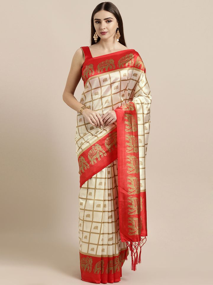 Buy Gosriki Off White Red Art Silk Printed Mysore Silk Saree Sarees For Women 10852898 Myntra / graceful midnight black pure mysore silk crepe saree with a small contrasting magenta pink border featuring gold zari temple patterns. gosriki off white red art silk printed mysore silk saree